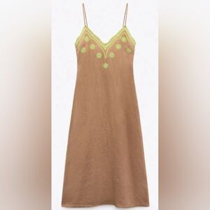 Zara Tan Women's Dress With Neon Green Embroidery & Adjustable Straps
